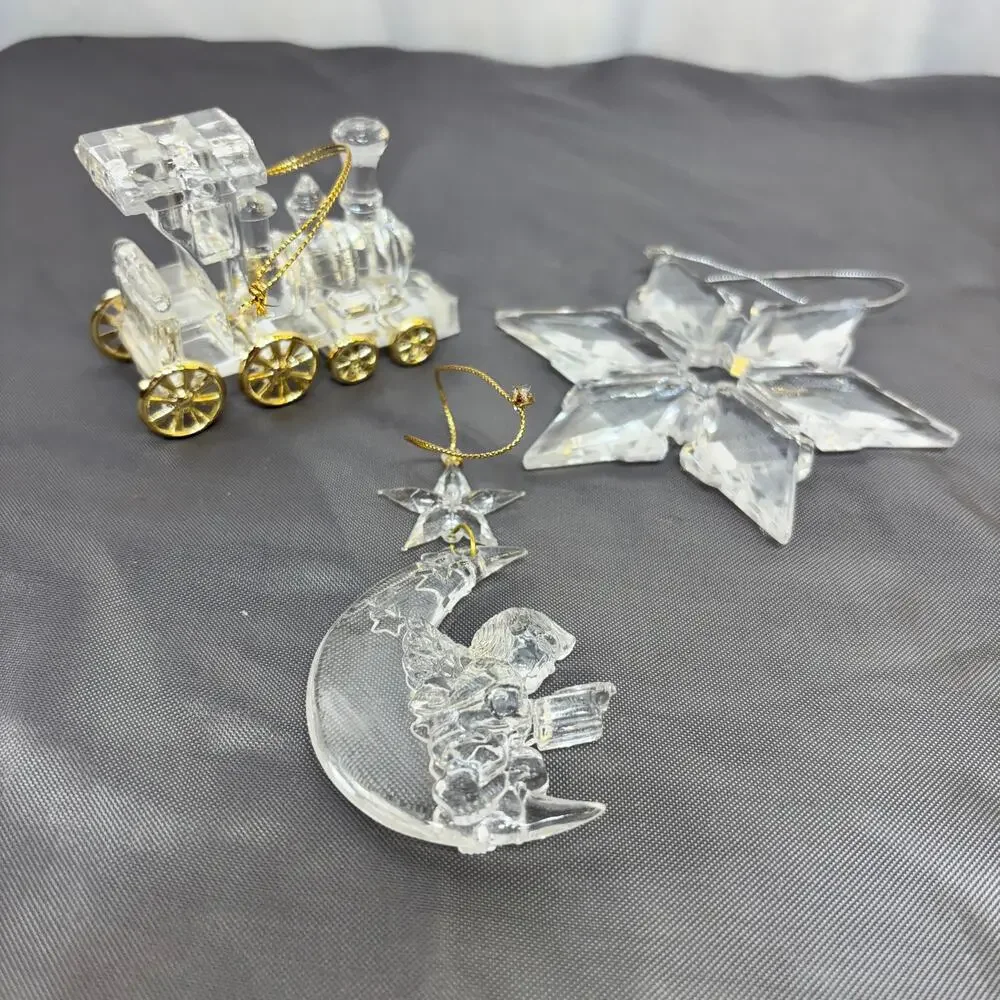 Clear Acrylic Christmas Ornament Lot of 3 Snowflake + Locomotive + Angel in Moon
